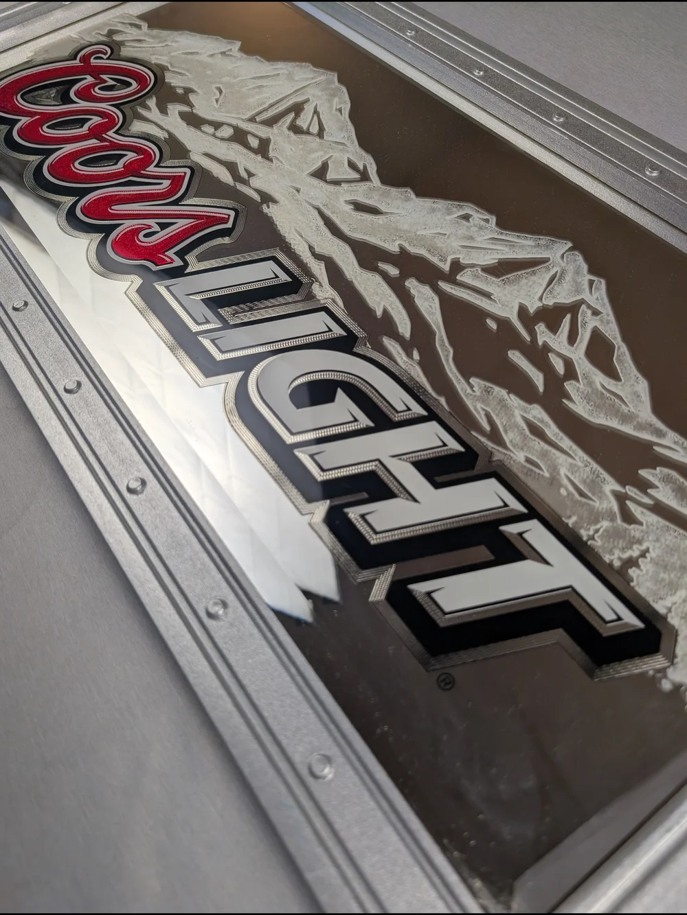 Vintage Coors Light Beer Mirror Sign With Etched Glass Mountains 27.5